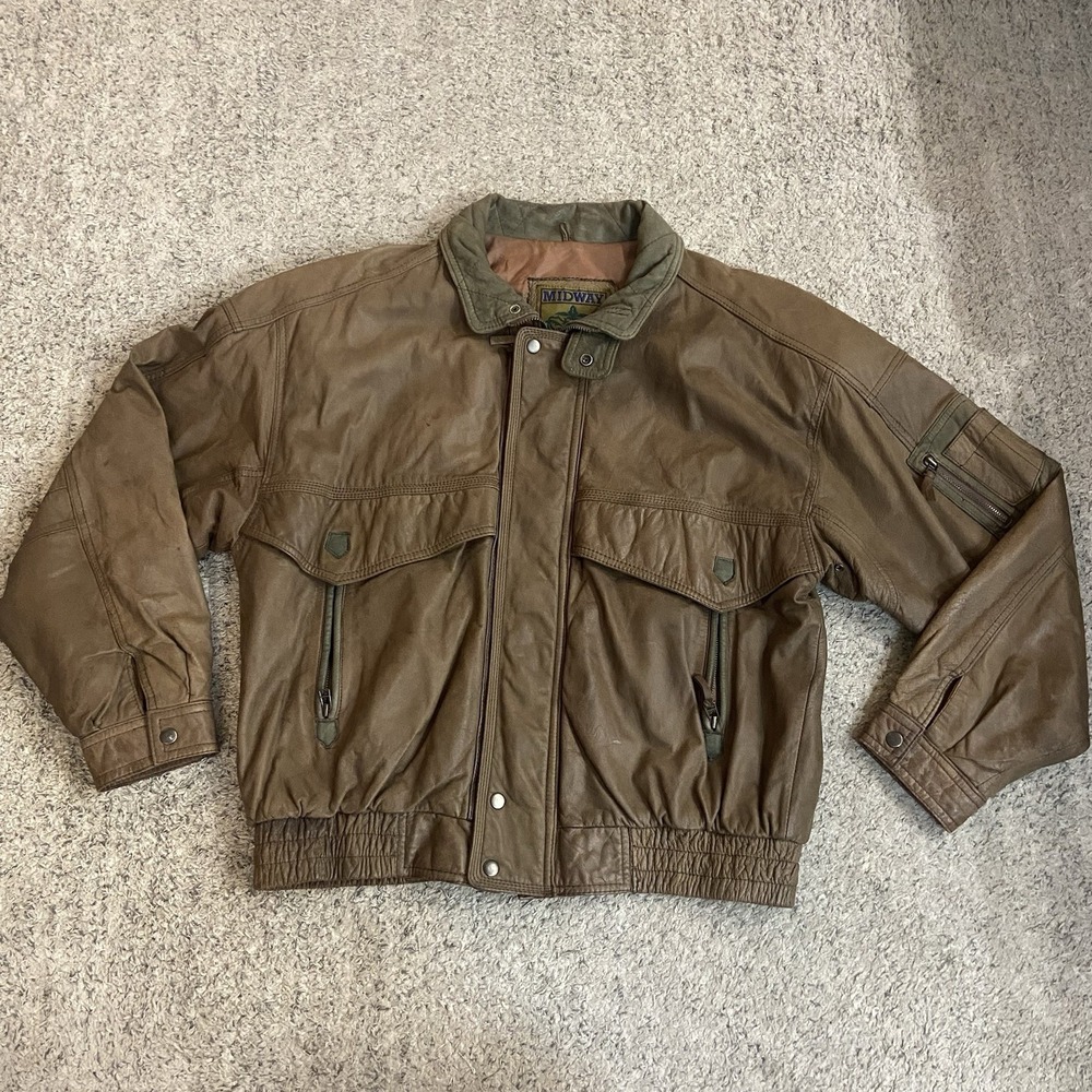 Vintage Midway Bomber Jacket Mens XL Brown Green Leather Zipper Button